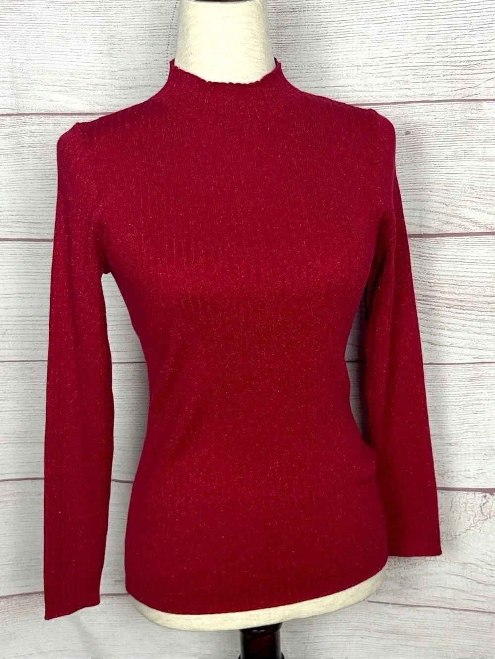 NWT J. McLaughlin Sweater Red Metallic Mock Neck Rib Knit Long Sleeve Sylvana S